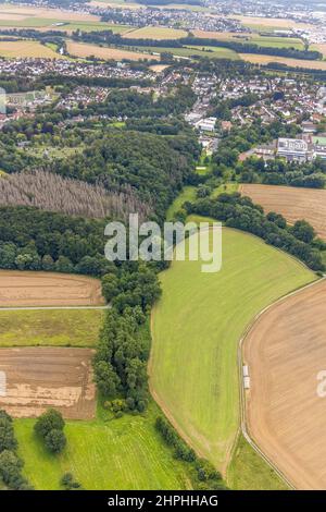 , Aerial view, city view district Hohenheide with meadows and fields and river Löhnbach in Fröndenberg/Ruhr, Ruhr area, North Rhine-Westphalia, German Stock Photo