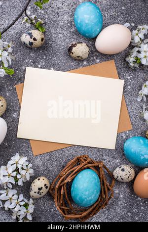 Easter eggs and empty card Stock Photo