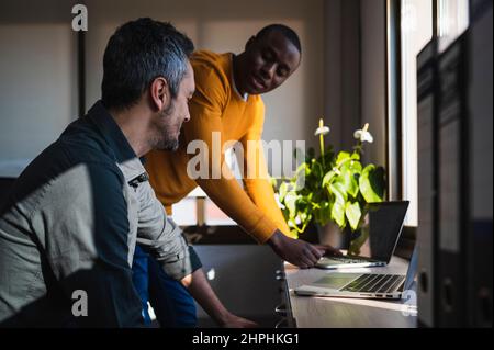 Two colleagues laughing while working in an office. Stock Photo