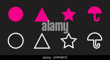 Squid Game pattern. Pink and white circle, triangle, star and umbrella shapes on black background. Vector Stock Vector