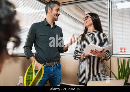 Middle age man and woman discussing a project in an office room. Stock Photo