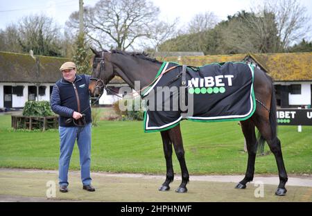 Nicky Henderson with Shishkin who is running in the Champion Chase   Racing trainer Nicky Henderson opened the doors of his Seven Barrows yard at Lamb Stock Photo