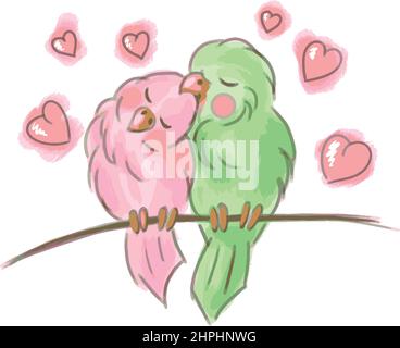 .Illustration, two loving parrots on a lordochka hug each other against the background of hearts. Stock Vector