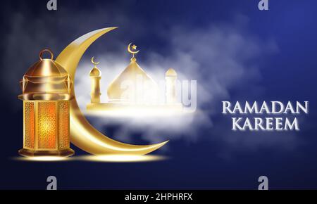 Ramadan kareem vector design with beautiful crescent moon, cloud, lantern premium vector. Stock Vector