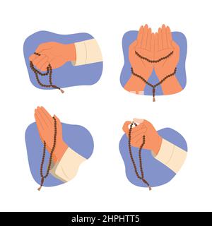 Hands Holding the Muslim Rosary Beads or Tasbih. Stock Vector