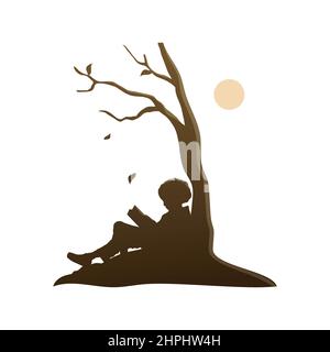 Little Boy Kid Read Book Under Tree Silhouette Stock Vector