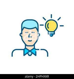 Young businessman having an idea. Man in a suit with a light bulb. Pixel perfect, editable stroke color icon Stock Vector