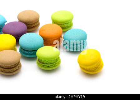 Sweet colourful  macaroons isolated on white background Stock Photo