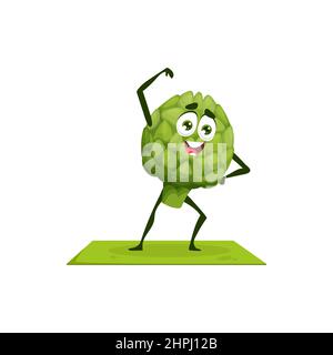 Cartoon character artichoke fresh vegetable pimpled cone doing sport trainings isolated summer healthy veggie mascot. Vector emoticon on fitness pilat Stock Vector