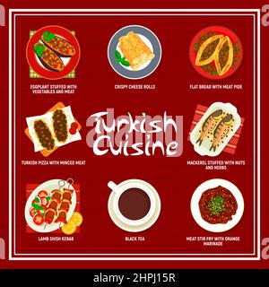 Turkish cuisine menu of vector meat shish kebab, vegetable food and fish dishes. Flatbread pide, lamb pizza lahmacun, stuffed eggplant and mackerel, c Stock Vector