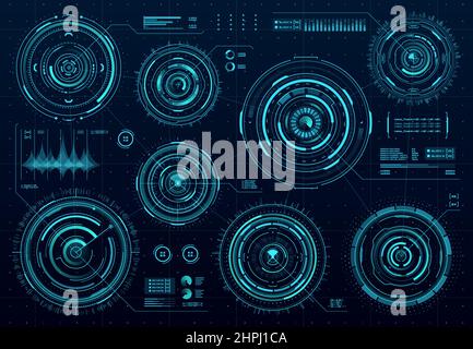 HUD futuristic circular panels. Sci Fi web interface, business infographics visual data, game user interface vector dashboard. Futuristic round displa Stock Vector
