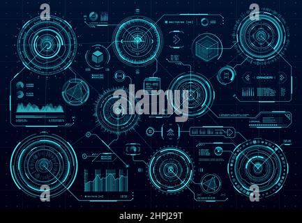 HUD futuristic circular panels, Sci Fi web interface and business infographics visual data, . HUD technology vector graphs and UI screen digital eleme Stock Vector
