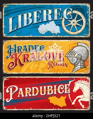 Pardubice, Hradec Kravole, Liberez czech regions plates and travel stickers. Vector vintage boards or plaques, touristic banners with heraldic shield, Stock Vector