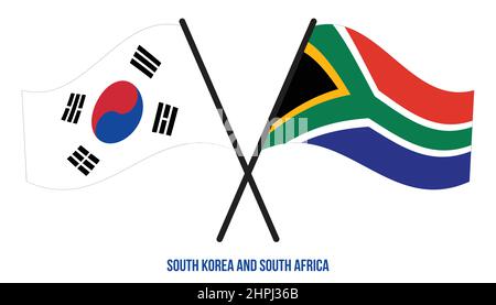 South Korea and South Africa Flags Crossed And Waving Flat Style. Official Proportion. Correct Colors. Stock Vector