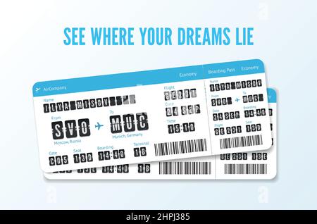 Airplane Boarding Pass concept. Couple of Airline flight cards for graphic design. Air trip coupon vector template Stock Vector