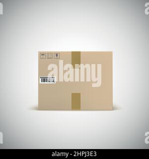 Sealed cardboard box with barcode tape and traffic signs. Front view. Stock Vector