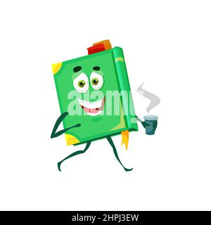 Textbook in green hardcover with bookmark isolated funny cartoon character with cup of coffee. Vector smiling fairytale book, textbook for kids and ch Stock Vector