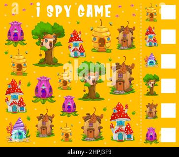 I spy kids game with counting fairy houses task. Children riddle with cartoon vector nest on tree, acorn and beehive, mushroom and flower fantasy dwel Stock Vector
