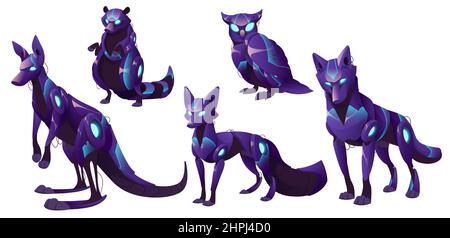Mechanical animals, fox, wolf, kangaroo, owl and raccoon robots. Vector cartoon set of futuristic pets cyborgs, purple mechanic bird, dog and wallaby isolated on white background Stock Vector