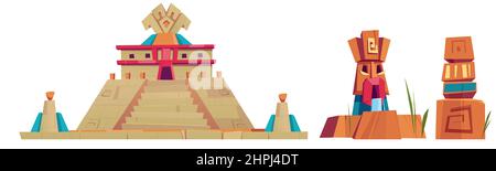 Aztec pyramids and statues, mayan city monumental landmarks isolated on white background. Stone Temple of Kukulkan or El Castillo Pyramid in Chichen Itza, Machu Picchu, Cartoon vector illustration set Stock Vector