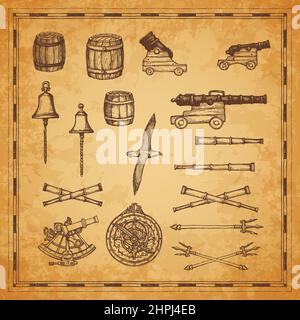 Cannon, barrel and spyglass, bell, trident and astrolabe, sextant sketch. Ancient map engraved vector elements, pirates or corsair ship weapon, albatr Stock Vector