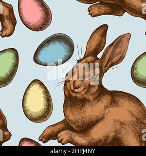 Easter seamless pattern background design. Engraved style. Hand drawn eggs, rabbit. Stock Vector