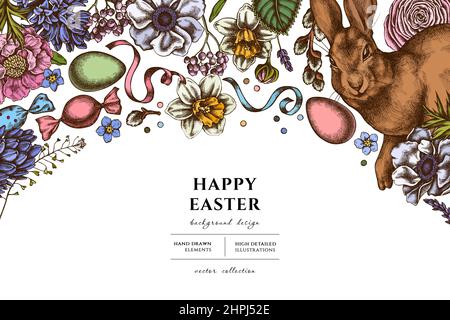 Easter hand drawn illustration design. Background with retro rabbit, eggs, willow branches, candies, shepherd's purse, anemone, lavender, ranunculus Stock Vector