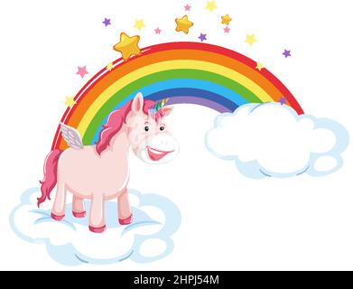 Pink unicorn lying on cloud with rainbow in cartoon style illustration Stock Vector