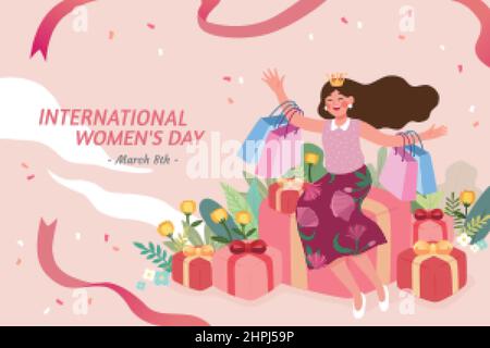 International Women's Day banner. Flat illustration of a smiley woman sitting on giftboxes and carrying shopping bags with both arms as holiday sale e Stock Vector
