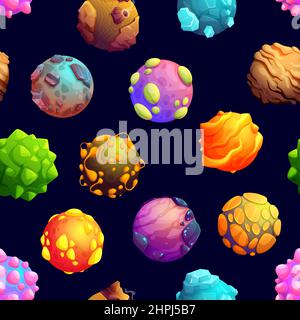 Seamless pattern of galaxy planets with volcano mountain craters. Vector space background. Galactic fantasy planets with lava and ice, meteorite rocks Stock Vector