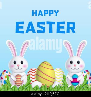 happy easter day 3d illustration with two rabbits holding eggs Stock Vector