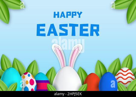 happy easter day banner poster design with 3d illustration eggs, leaves, and rabbit ears Stock Vector