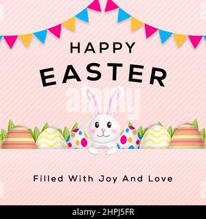 happy easter design 3d illustration with rabbit, eggs, and leaves Stock Vector