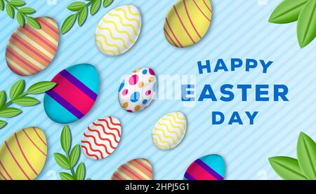 happy easter day illustration background with decoration eggs and leaves Stock Vector