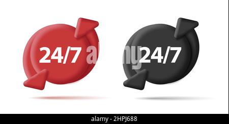 Twenty four seven service or support badge, black and red 3d round shapes with aroows in circle, digital icon Stock Vector