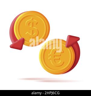 Currency coins with red arrows up adn down, euro and dollar money change rate 3d render icons Stock Vector