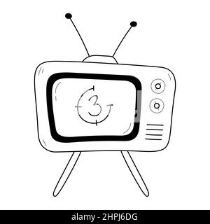 Old tv with antenna doodle icon. Old television isolated line drawing element. Vector illustration Stock Vector