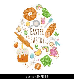Easter pastry elements in egg form,kitchen utensils,traditional baking goods Stock Vector