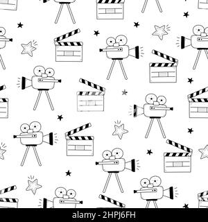 Movie, cinema vector pattern. Doodle hand drawn sketch style movie seamless pattern. Cinema elements for media production, festival, theater background. Vector illustration. Stock Vector