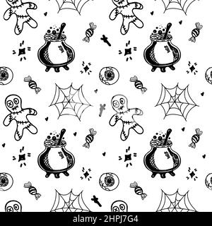 Seamless background with Halloween elements drawn in a doodle style. Poison potions, spider webs, spiders and voodoo dolls. Monogamous Halloween backg Stock Vector