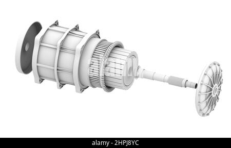 Clay rendering exploded view of Electric Vehicle Motor on gray background. 3D rendering image. Stock Photo