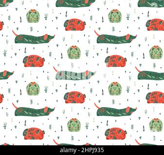 Vector seamless pattern with stylized dogs with folk ornaments and natural decorations. Pug, dachshund and chihuahua. Animalistic texture with various Stock Vector