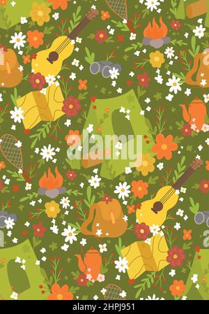 Travel camp seamless vector pattern. Bright childrens texture with hiking. Wallpaper with tent and floral pattern. Background with ditsy and summer ac Stock Vector