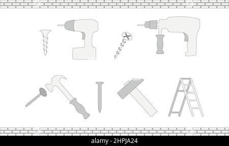 Illustration of construction icons on a white background. A set for builders, simple icons, hammer, drill, everything for construction, ready to use, Stock Vector