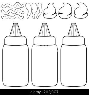 Bottles and spilled sauces of tomato ketchup, mustard and mayonnaise. Black and white coloring page Stock Photo