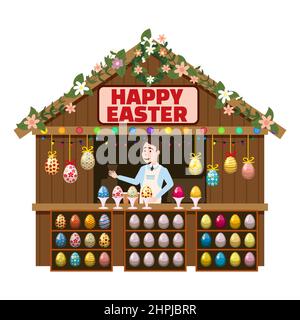 Easter Market wooden stall decorated flowers, tent, kiosk. Seller, colored Easter eggs Stock Vector