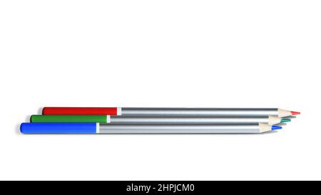 Color pencils isolated on white background. Three pencils in rgb colour. Closeup. Copy space Stock Photo