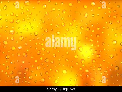 Beer droplets on yellow background. Seamless drop wet texture or golden condensation water on glass cold bottle. Rain drops, champagne drink or alcohol beverage. Realistic 3d vector illustration Stock Vector