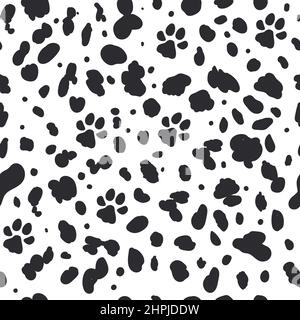 Dalmatian seamless pattern. Animal skin print. Dogs black dots and paw on white background. Vector Stock Vector