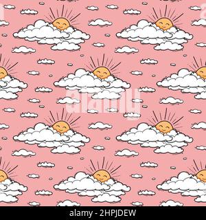 Cute cloud and sun seamless pattern vector background. Smiling sun kids illustration isolated on pink sky. Summer background. Funny design for kids and baby clothing. Stock Vector
